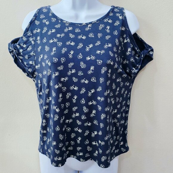 W5 ✦ Womens Navy Cold Shoulder Top S ✦ Rayon Bicycle Print Casual Pullover - Picture 4 of 11